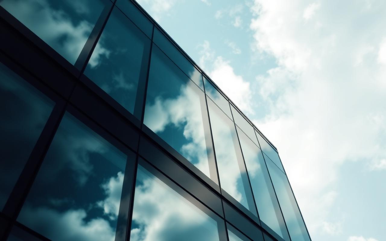 Modern glass-fronted office building reflecting clouds