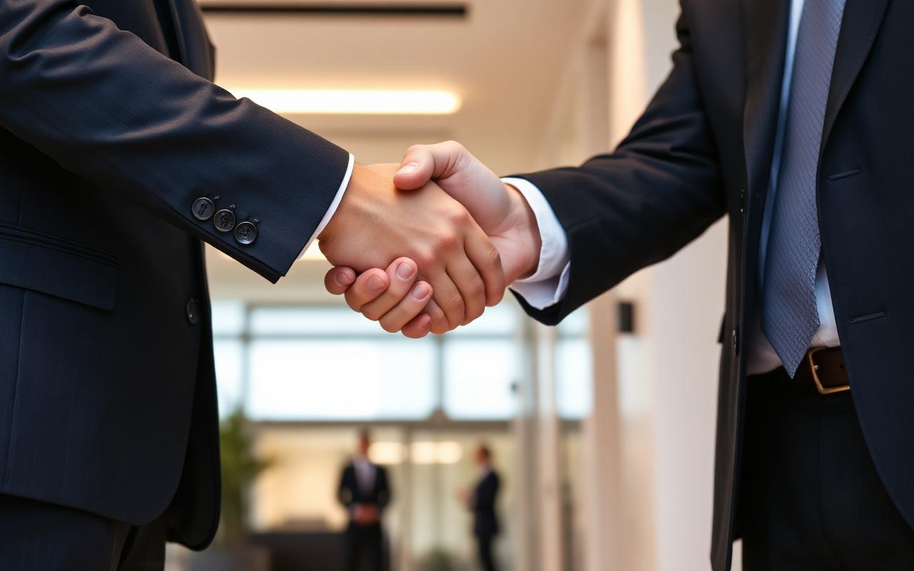 Business partnership handshake in a modern office