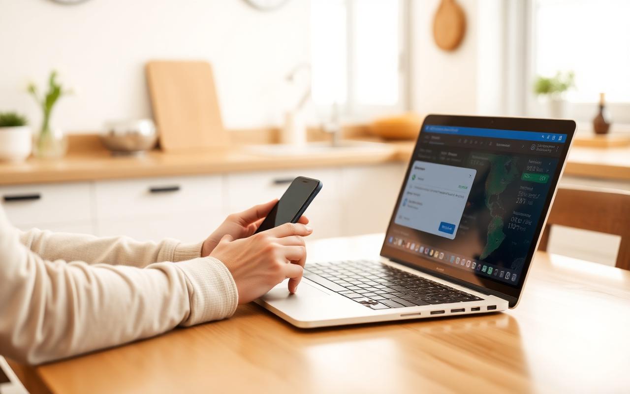 Person managing an international money transfer at home